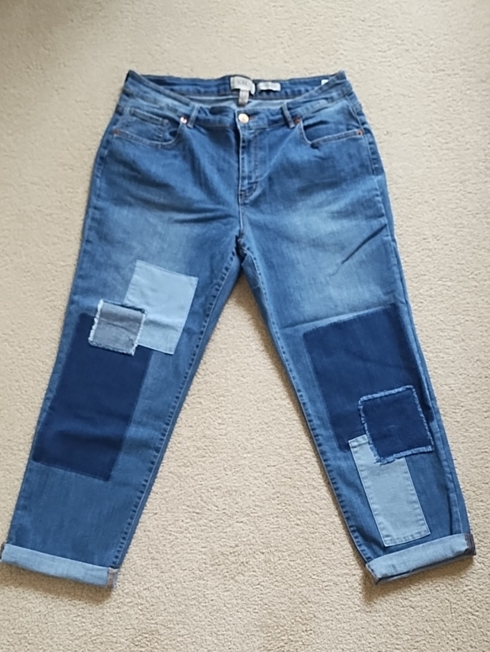 LOGO by Lori Goldstein Blue Patchwork Rolled Cuff Boyfriend Jeans Womens 14